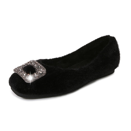 2025 New Winter Furry Shoes for Women, Korean Style Square-Toe Flats Shoes, Fleece-Lined Rhinestone Bean Shoes, Women's Cotton Scoop Shoes