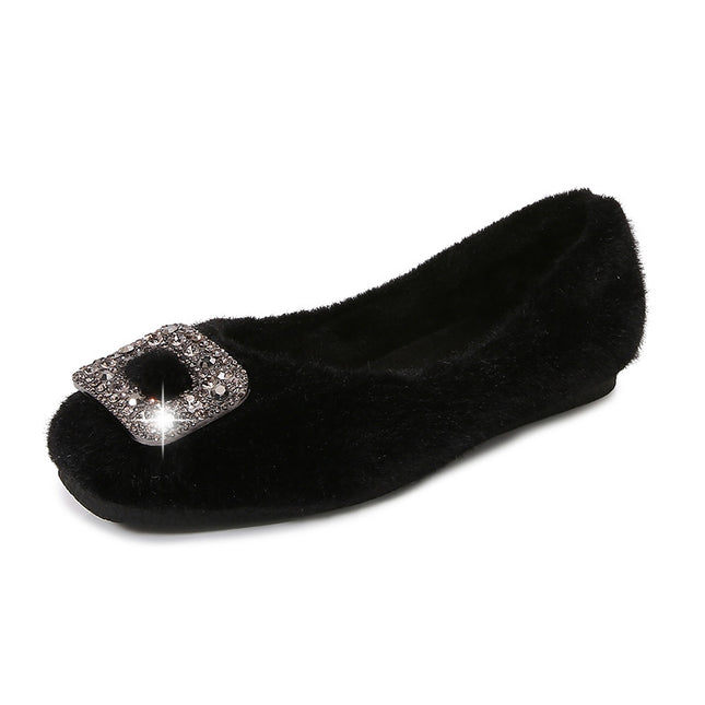 2025 New Winter Furry Shoes for Women, Korean Style Square-Toe Flats Shoes, Fleece-Lined Rhinestone Bean Shoes, Women's Cotton Scoop Shoes
