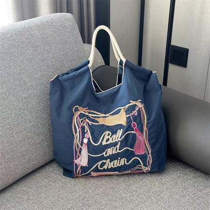 High-Quality Japanese-Style Ball Chain Eco-Friendly Shopping Bag Nylon Fabric Embroidered Floral Tote Nylon Canvas Bag
