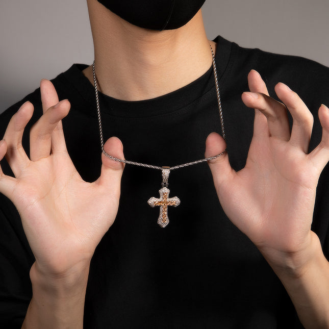 European and American Hip Hop Cross Pendant Jewelry Necklace Large Copper Set Purple Zircon Light Luxury Sweater Necklace Wholesale