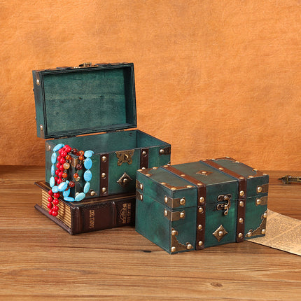European Retro Wooden Storage Box with Lock Chinese Antique Emerald Square Jewelry Box Photography Props Treasure Box