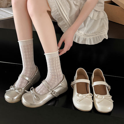 Inner Heightening Silver Retro Shallow Mouth Shoes for Women Spring and Autumn New Korean Style French Bow Mary Jane Shoes