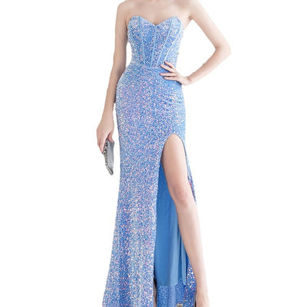 2025 spring cross-border foreign trade new magic color beads back twine bra side split tube fish bone evening dress