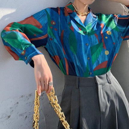 Top women's design sense niche light familiar shirt 2022 spring and autumn vintage printed green long sleeve mermaid Ji shirt fashion