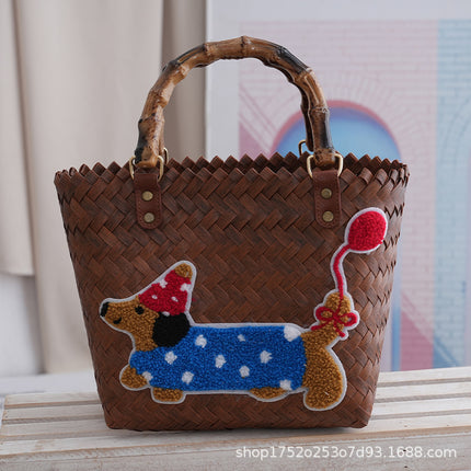 PVC Dachshund Woven Tote Bag Women / Sac Cabas Teckel Tressé PVC