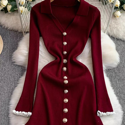 French-Style Autumn and Winter New V-Neck Long-Sleeve Knit Dress, Can Be Worn as an Inner Layer or Outerwear, Little Black Dress, Slim-Fitting Sweater Dress