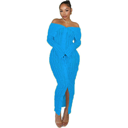Amazon Explosions Long Sleeve dress Collar Sexy Bag Hip Dress European and American Fashion Elegant Wave Pattern Design Sense