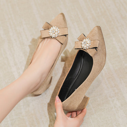 Women's Shallow Slip-On Shoes, 2026 Spring/Summer New Style, Suede with Rhinestones, Comfortable Pointed Toe High Heels, Chunky Heel Loafers