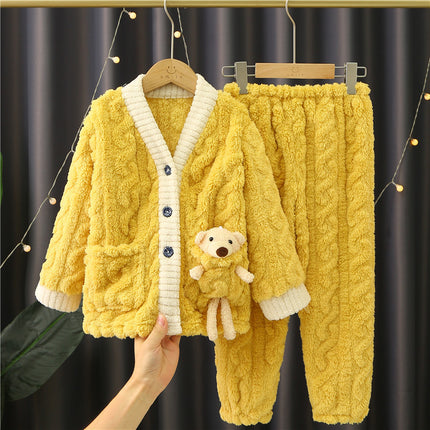 2023 New flannel pajamas men's autumn and winter warm coral fleece suit factory wholesale warm home wear