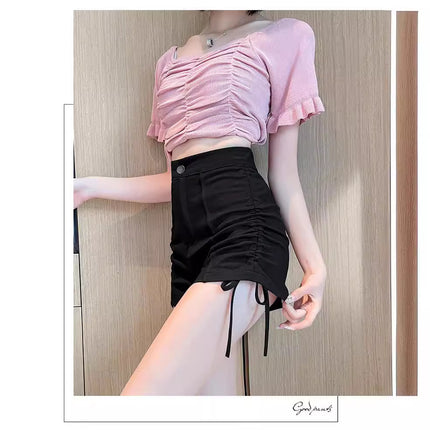 Summer High Waist Slimming Drawstring Casual Pants Hot Pants Hot Pants Hot Girl Shorts Women's Small Design Sense Niche Black Pants