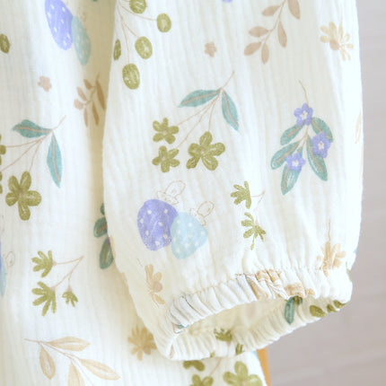 Spring and Autumn Cotton Double-layer Crepe Lace Collar Long-sleeve Pullover Printed Dress Summer Loose Thin Yarn Round Neck Home Clothes