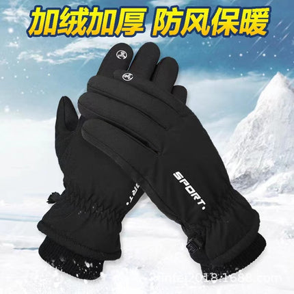 Wholesale black warm gloves men's skiing mountaineering winter plus velvet padded touch screen outdoor cycling five fingers men's