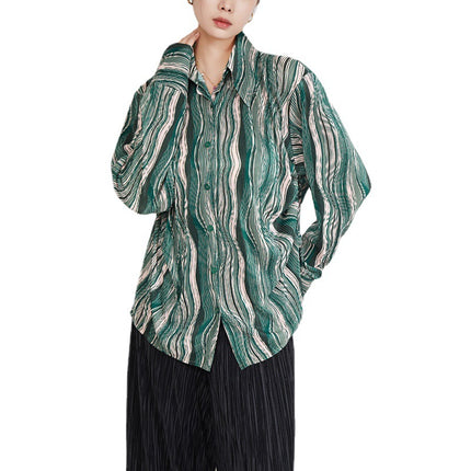 French Retro Green Long-sleeved Shirt Women's 2025 Pleated New Design Sense Shirt Niche No-bump Top