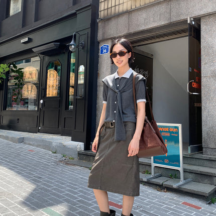 Neihe Vintage Straight Mid-Length Leather Skirt for Women, Autumn New Style Skirt Cm255073