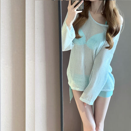 New Swimwear Women's Bikini All-match Sweet Mint Green Hollow Knit Blouse Sling Four-piece Suit Women