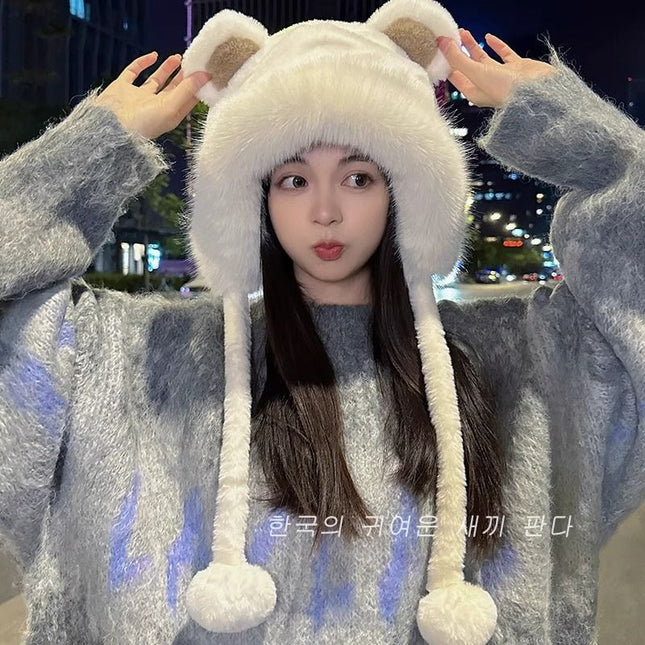 Little Bear Plush Hat for Women, Outdoor Cycling Warm Ear Protection Hat, Windproof and Cold-Resistant, Sweet Princess Style with Bear Ears, Chanel-Inspired