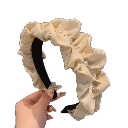 Princess-Style Black Satin Pleated Rhinestone Headband for Women with High Crown, Elegant and Face-Slimming, Starry Pearl Headband