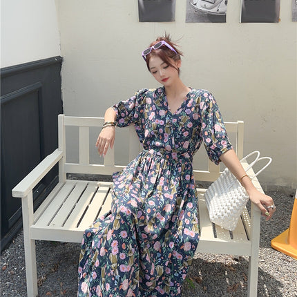 Cotton floral dress 2024 new thin waist pure wind Amazon artificial cotton beach dress fairy dress