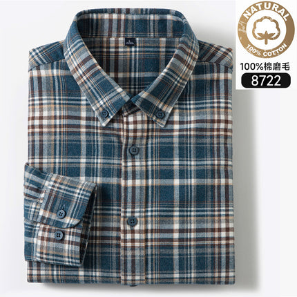 Autumn and Winter New Pure Cotton Brushed Long-Sleeved Shirts for Young and Middle-Aged Plaid Casual Business Men's Shirts Popular on Douyin