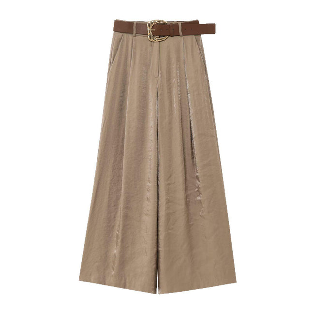 Silk Satin Straight Pants Belt European and American Fashion Versatile Summer Casual Khaki Green Yellow Button Simple
