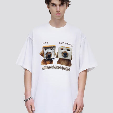Direct Spray Bread Dog Print Short-sleeved T-shirt American Fashion Brand Casual Men's and Women's Fun Pure Cotton Loose Round Neck T-shirt