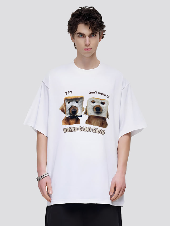 Direct Spray Bread Dog Print Short-sleeved T-shirt American Fashion Brand Casual Men's and Women's Fun Pure Cotton Loose Round Neck T-shirt
