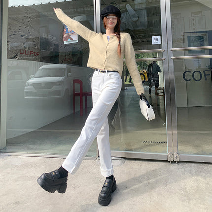 Simple Casual Style Fashionable Low Waist Straight Jeans Women's 2025 Spring Stretch Slim-fit Slimming White Trousers