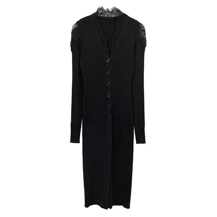 South Korea Dongdaemun Slim-fit Sexy Tight Waist Figure Feminine Lace Stitching Split Knitted Long-sleeved dress