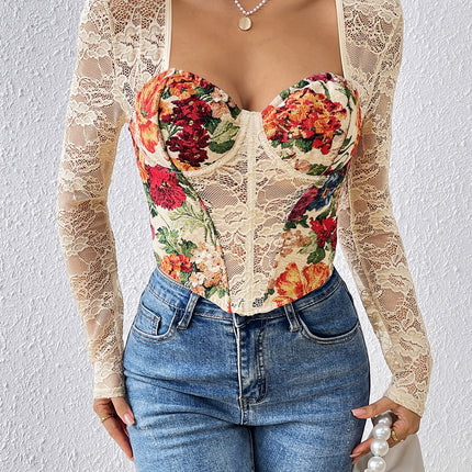 Fishbone Cross-Border European and American French Retro New Style Square-Neck Spicy Girl Top with Printed Lace Splicing Long Sleeves Sexy Inner Wear