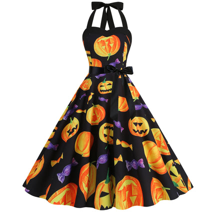Factory direct supply 2024 Halloween new Hepburn style high waist slim hanging neck large swing long retro dress