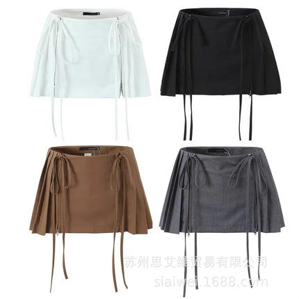Aliexpress Saw Independent Site Zippered Skirt with a Stylish Design, Waist Tie, Energetic Pleated Low-Waist Mini Skirt