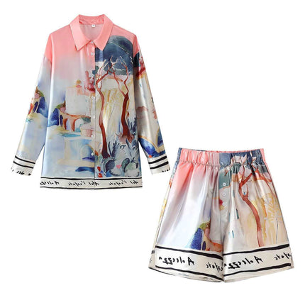 Lapel Long-Sleeved Elastic Waist Cross-Border Summer Women's New Spring Printed Shirt Buttons High-Waisted Shorts Positioning