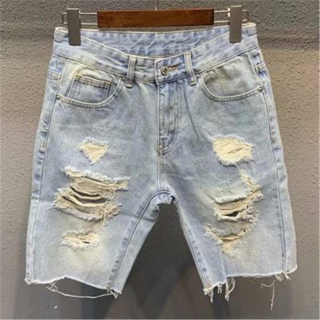 Ripped Denim Shorts for Men, Light-Colored Knee-Length Shorts, Trendy Versatile Men's Loose Frayed Mid-Length Shorts, Distressed Shorts for Summer
