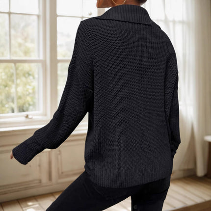 2025 Autumn/Winter Black Half-Zip Lapel Sweater for Women, Waffle Texture Loose Lazy Style Knitted Pullover