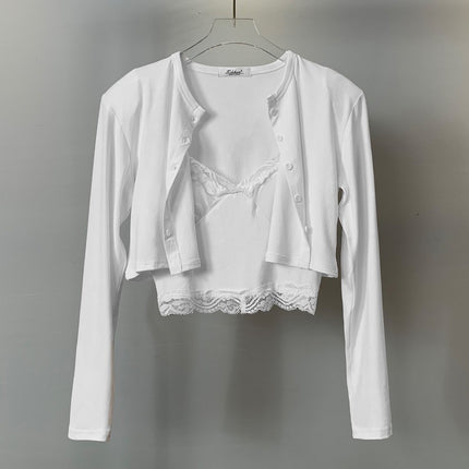 South Korea Dongdaemun Sexy Belt Chest Pad Chest Show Large Lace Camisole Vest + Shoulder Pad Cardigan Two-piece Suit Top