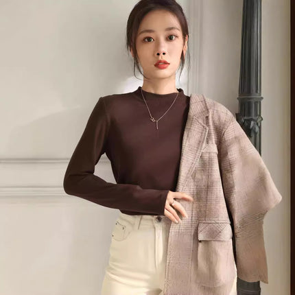 Slim-Fitting Tops, Slim-Fitting Round Neck Solid Color Spring and Autumn Inner Layering Shirts, Women's Suits, Long Sleeves