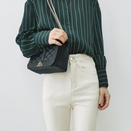 Special Offer: Commuter Ol Style, Simple and Elegant Seaweed Green Striped Print Silk Shirt for Women, Long-Sleeve Button-Up Mulberry Silk Blouse