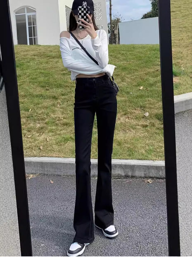 Black Stretch Micro-Flared Jeans for Women, Thin Summer 2025 New High-Waisted Slimming Pear-Shaped Body Horse Hoof Pants
