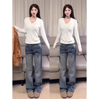 White v-neck long sleeves [waist to show off your figure] / S