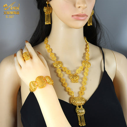 Gold-Plated Pendant Jewelry Set Bridal Wedding Jewelry Sand Gold Long Necklace Bracelet Ring Earrings Cross-Border Best-Selling Model