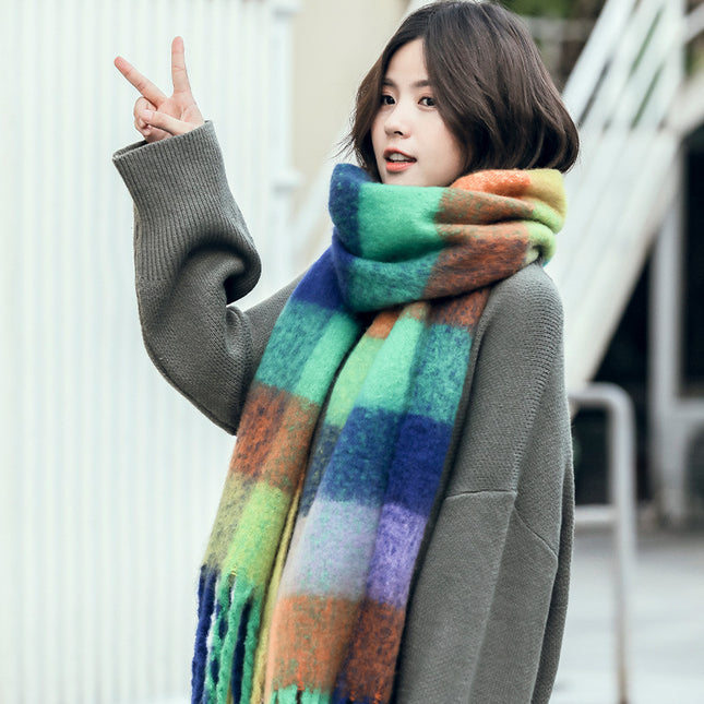 Autumn and winter European and American color matching AC cashmere thick tassel scarf rainbow plaid mohair warm female student plus