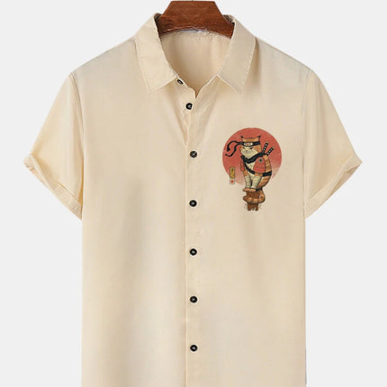 men's cross-border japanese samurai cat pattern lapel short sleeve shirt