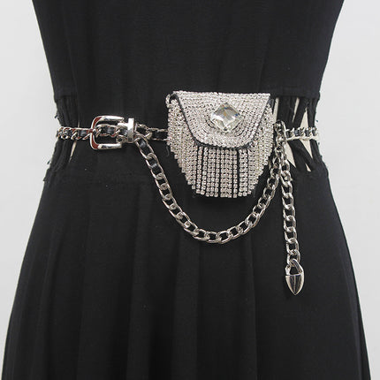 Mini Full diamond small waist bag female fashion ins silver decorative waist chain bag new adjustable body chain rhinestone bag