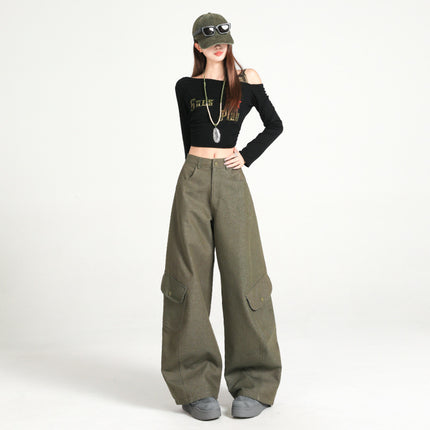 Army Green Silhouette Scimitar Workwear Casual Pants for Women, New Autumn American High Street Loose Drape Wide-Leg Floor-Length Pants