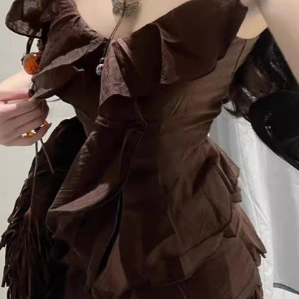 French Irregular Tea Break Sexy Side Suspender Dress for Women Summer Small Lotus Leaf Design Seaside Vacation Long Dress