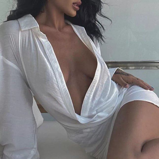 European and American long-sleeved elegant pleated slimming women's shirt skirt dress short skirt waist V-neck bikini three-piece suit