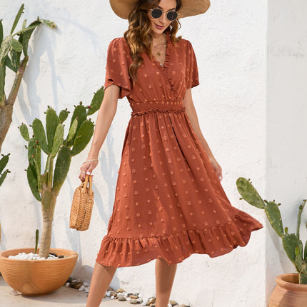Amazon Cross-Border V-Neck High-Waist Strap Dress Fur Ball Short-Sleeved Dress Casual Vacation Travel Dress