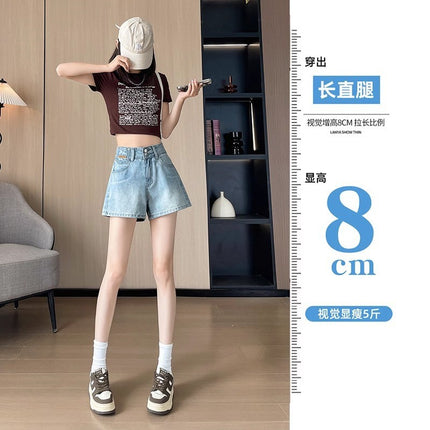Contrast Color Embroidered Denim Shorts for Women, Trendy Versatile Loose Wide-Leg Slimming A-Line Double-Button High-Waisted Slim Hot Pants