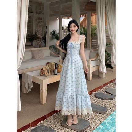 Korean Style Large Size Gentle Style Suspender Dress Women's New Summer Floral Skirt Fat mm Slimming Look Lace Splicing Long Skirt