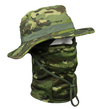 Outdoor Tactical Fisherman Hat Camo Penny Hat Summer Mountaineering Training Sunshade Round Edge Hat Mask Two-piece Set